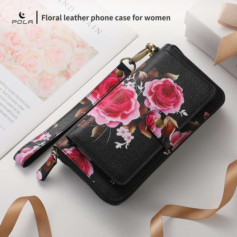 For iPhone 11 Pro POLA Flower Multi-functional Zipper Wallet Leather Phone Case(Black)