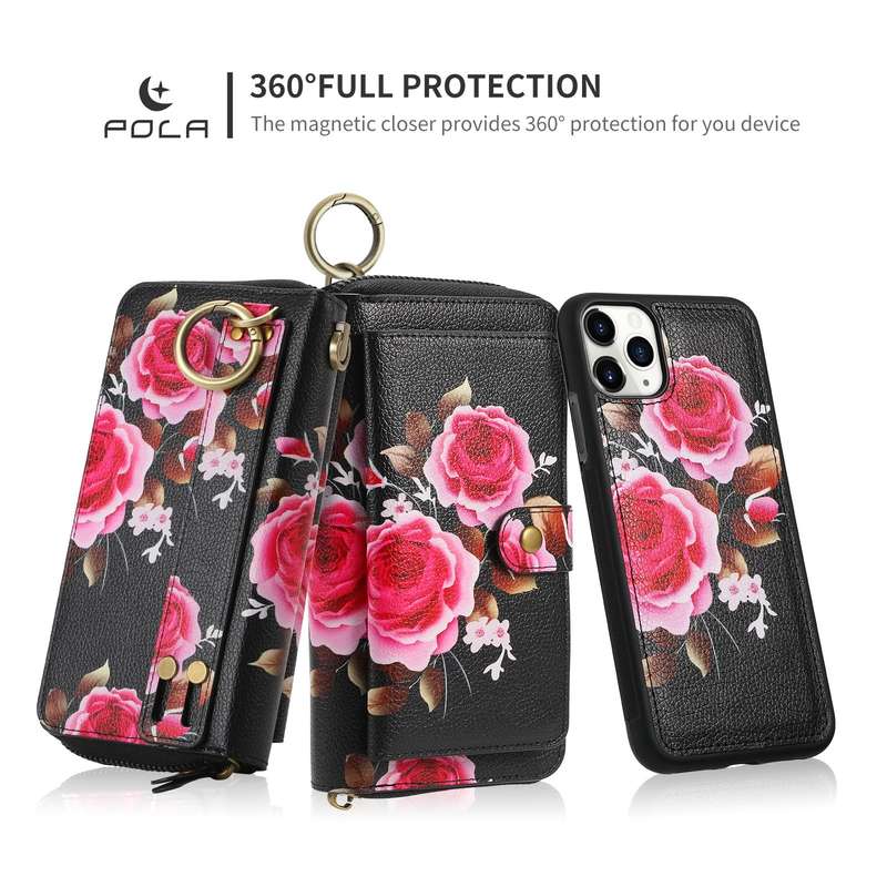 For iPhone 11 Pro POLA Flower Multi-functional Zipper Wallet Leather Phone Case(Black)