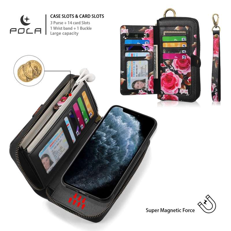 For iPhone 11 Pro POLA Flower Multi-functional Zipper Wallet Leather Phone Case(Black)
