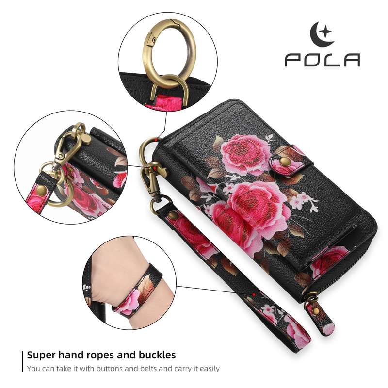 For iPhone 11 Pro POLA Flower Multi-functional Zipper Wallet Leather Phone Case(Black)