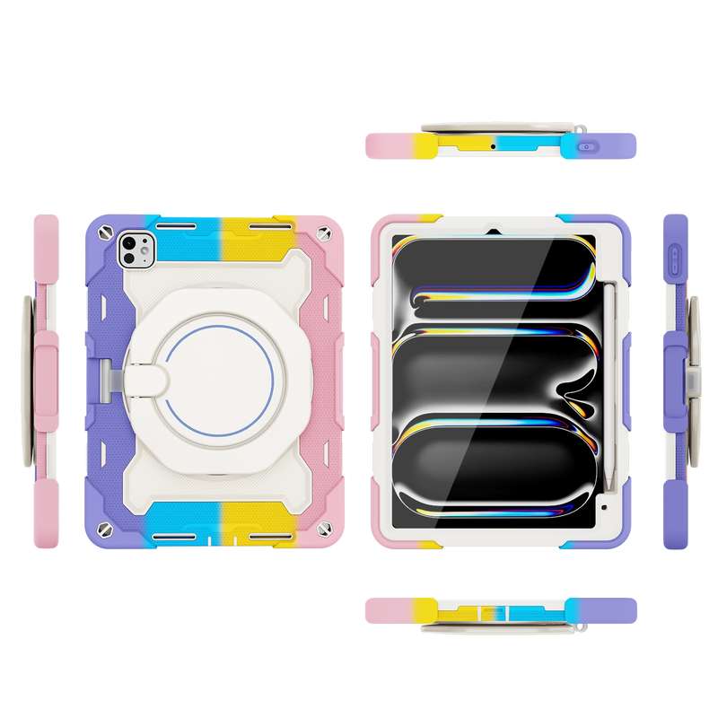 For iPad Pro 11 2024 Armor Portable Rotating Ring Holder Silicone Tablet Case with Pen Slot(Col