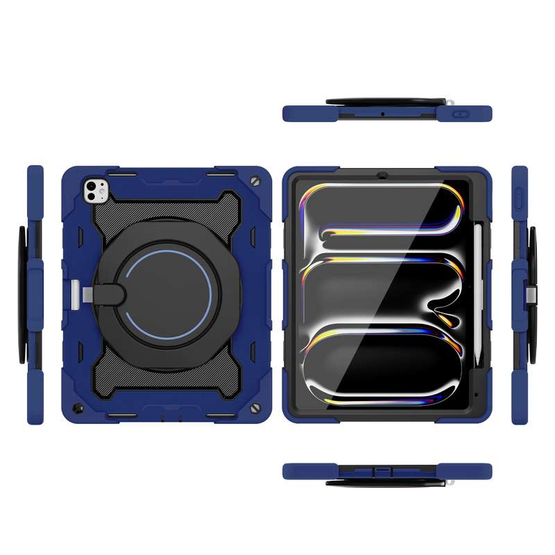 For iPad Pro 13 2024 Armor Portable Rotating Ring Holder Silicone Tablet Case with Pen Slot(Nav