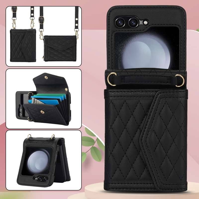 For Samsung Galaxy Z Flip6 Splicing Rhombic Texture Phone Case with Long & Short Lanyard, Not I