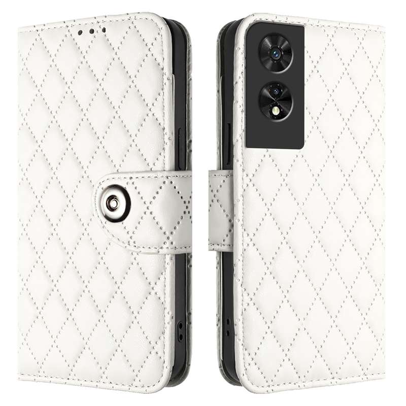 For TCL 505 Rhombic Texture Flip Leather Phone Case with Lanyard(White)