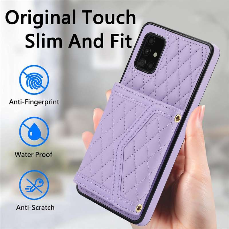 For Samsung Galaxy A51 5G Splicing Rhombic Texture Card Bag Phone Case with Long Lanyard(Purple