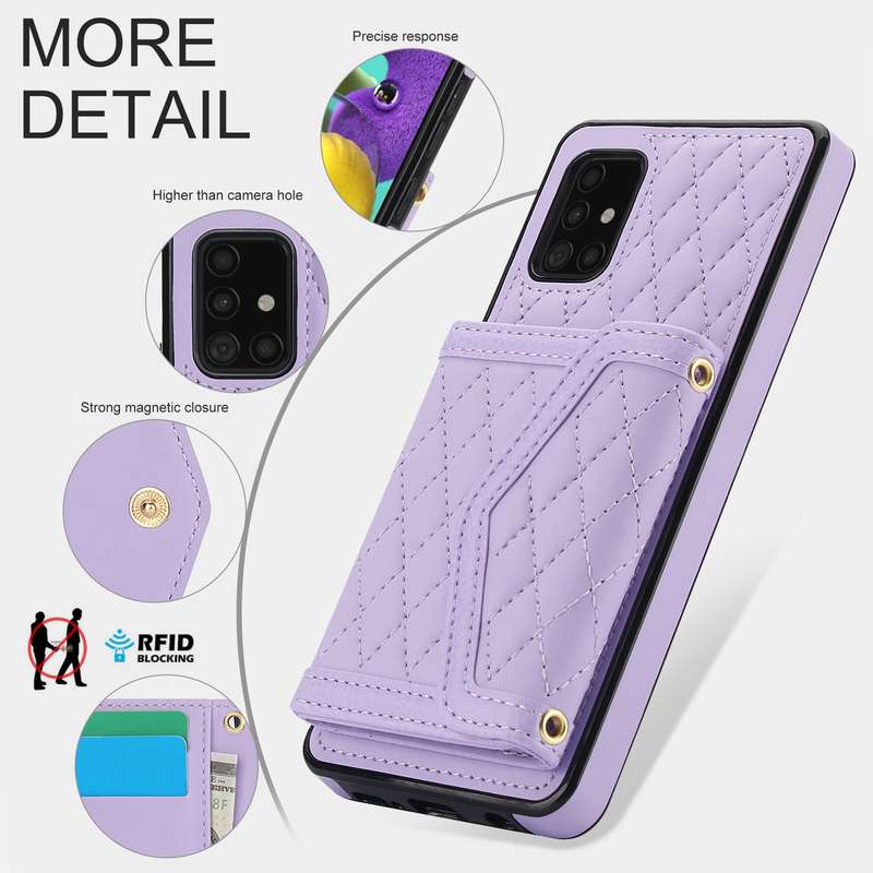 For Samsung Galaxy A51 5G Splicing Rhombic Texture Card Bag Phone Case with Long Lanyard(Purple