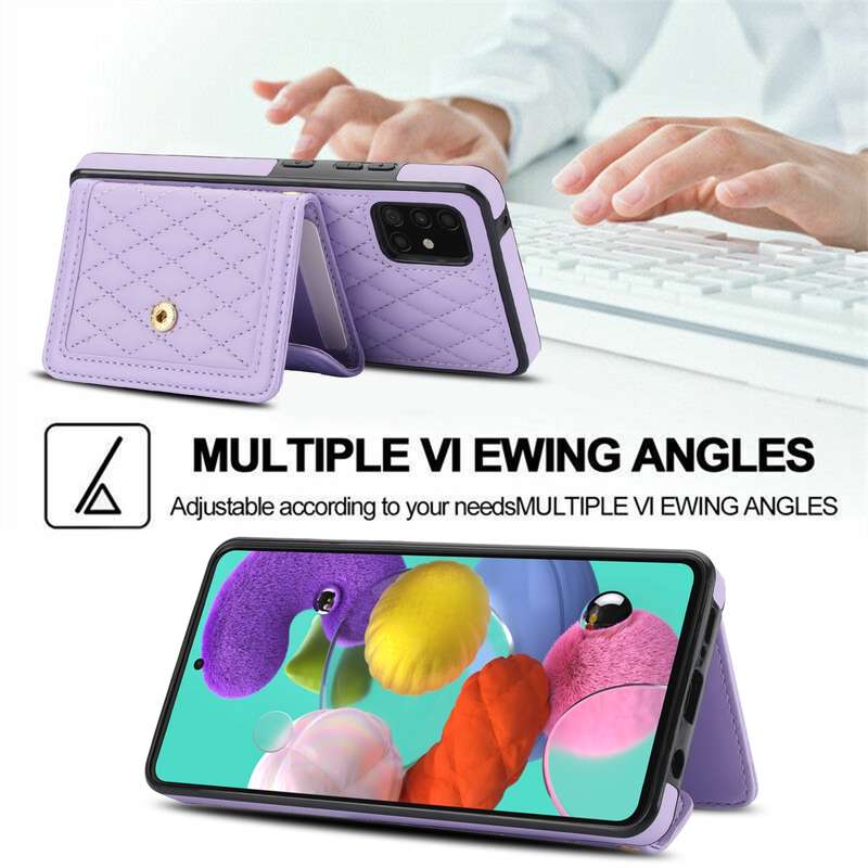 For Samsung Galaxy A51 5G Splicing Rhombic Texture Card Bag Phone Case with Long Lanyard(Purple