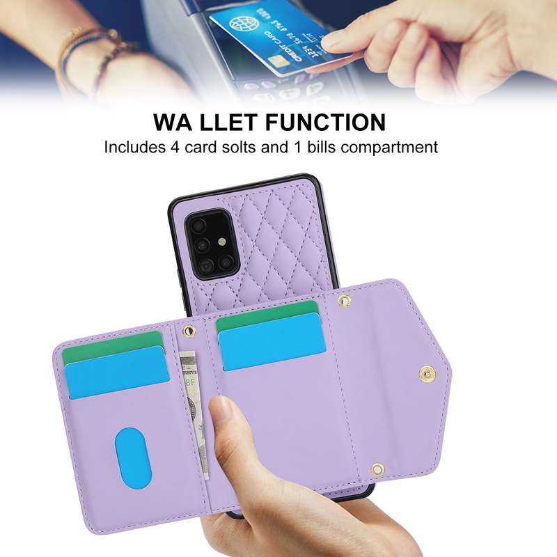 For Samsung Galaxy A51 5G Splicing Rhombic Texture Card Bag Phone Case with Long Lanyard(Purple