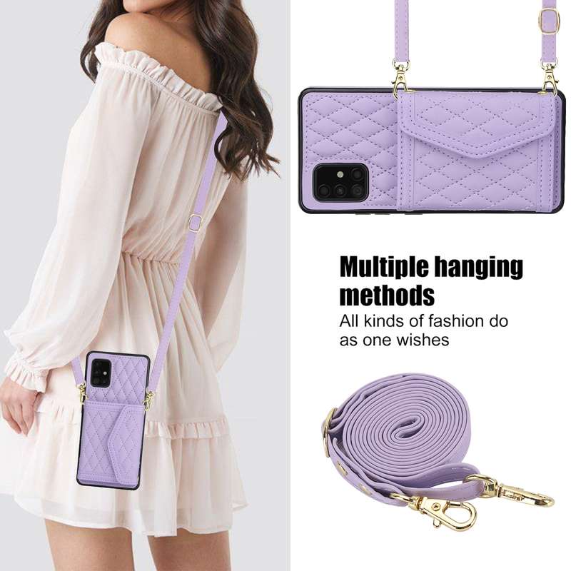 For Samsung Galaxy A51 5G Splicing Rhombic Texture Card Bag Phone Case with Long Lanyard(Purple