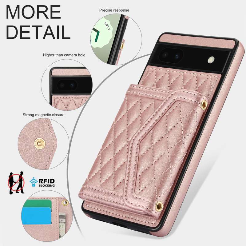For Google Pixel 6a Splicing Rhombic Texture Card Bag Phone Case with Long Lanyard(Rose Gold)