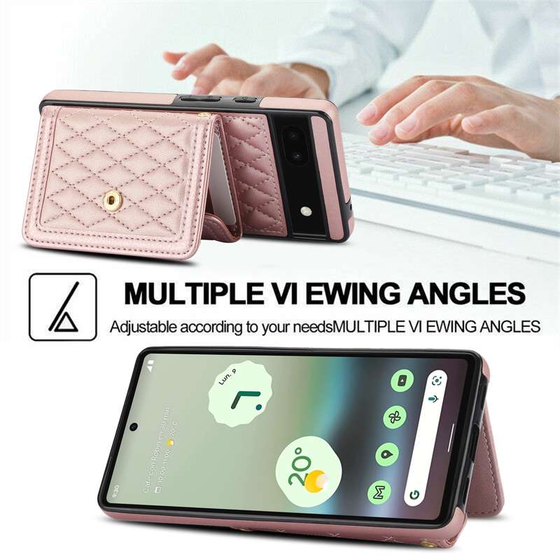 For Google Pixel 6a Splicing Rhombic Texture Card Bag Phone Case with Long Lanyard(Rose Gold)