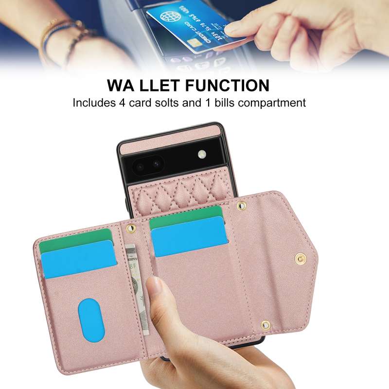 For Google Pixel 6a Splicing Rhombic Texture Card Bag Phone Case with Long Lanyard(Rose Gold)