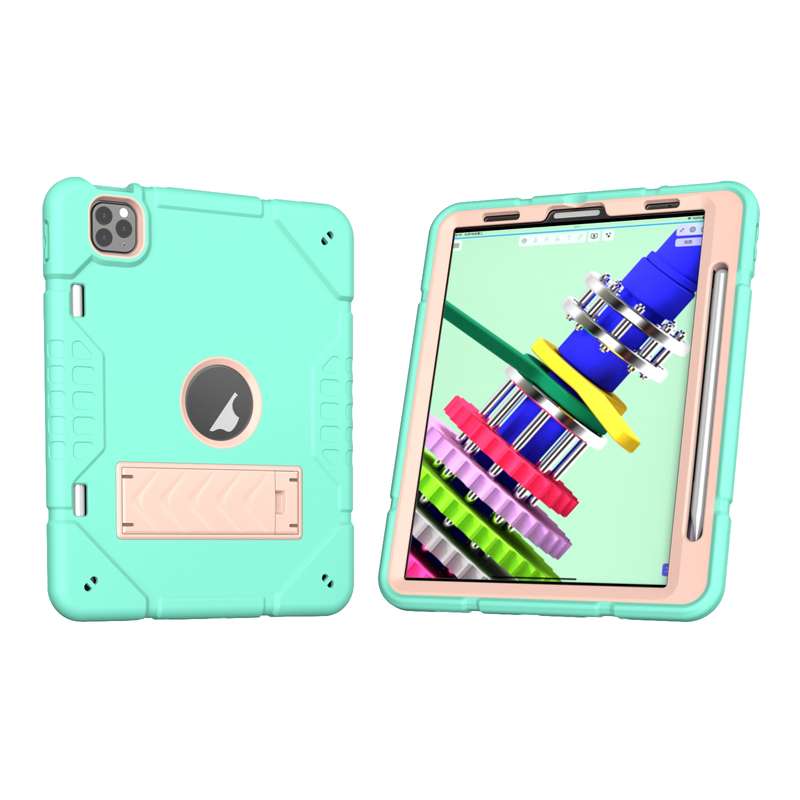 For iPad Pro 11 2022 / 2021 / 2020 Armor Holder Silicone Hybrid PC Tablet Case(Mint Green Gold)