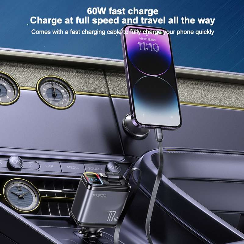 Yesido Y63 4 in 1 117W USB-C / Type-C+USB Multifunctional Retractable Dual Line Digital Display Car