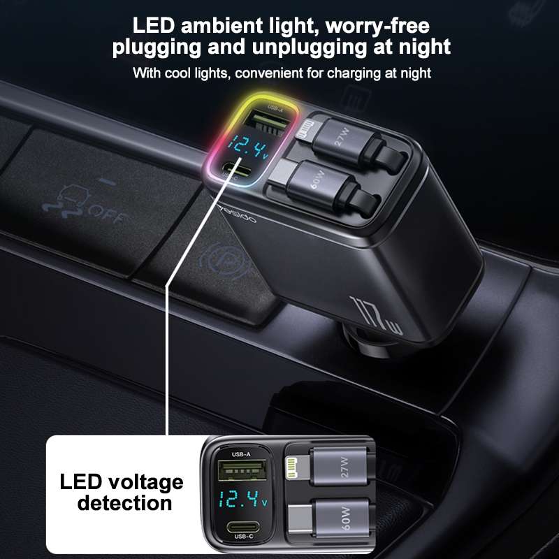 Yesido Y63 4 in 1 117W USB-C / Type-C+USB Multifunctional Retractable Dual Line Digital Display Car