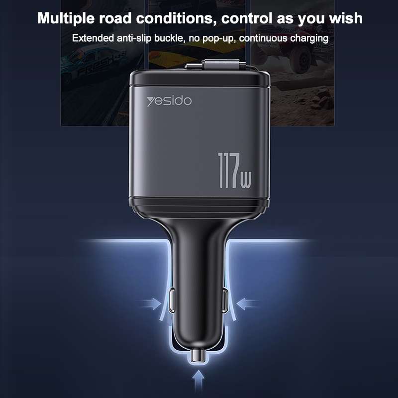 Yesido Y63 4 in 1 117W USB-C / Type-C+USB Multifunctional Retractable Dual Line Digital Display Car