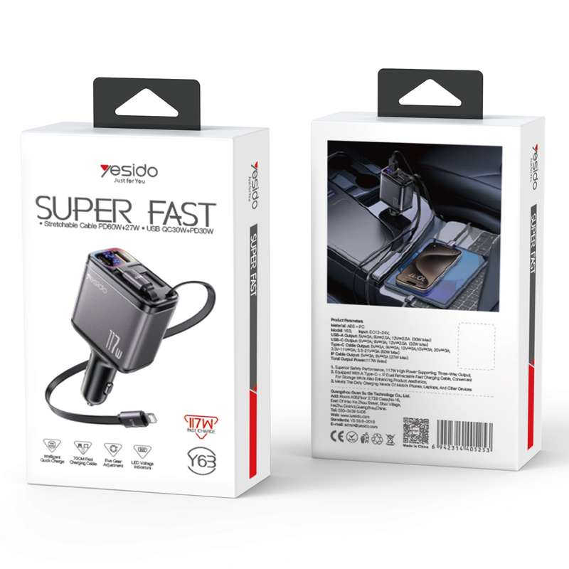 Yesido Y63 4 in 1 117W USB-C / Type-C+USB Multifunctional Retractable Dual Line Digital Display Car