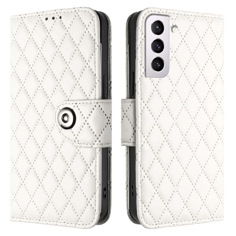 For Samsung Galaxy S21+ 5G Rhombic Texture Flip Leather Phone Case with Lanyard(White)