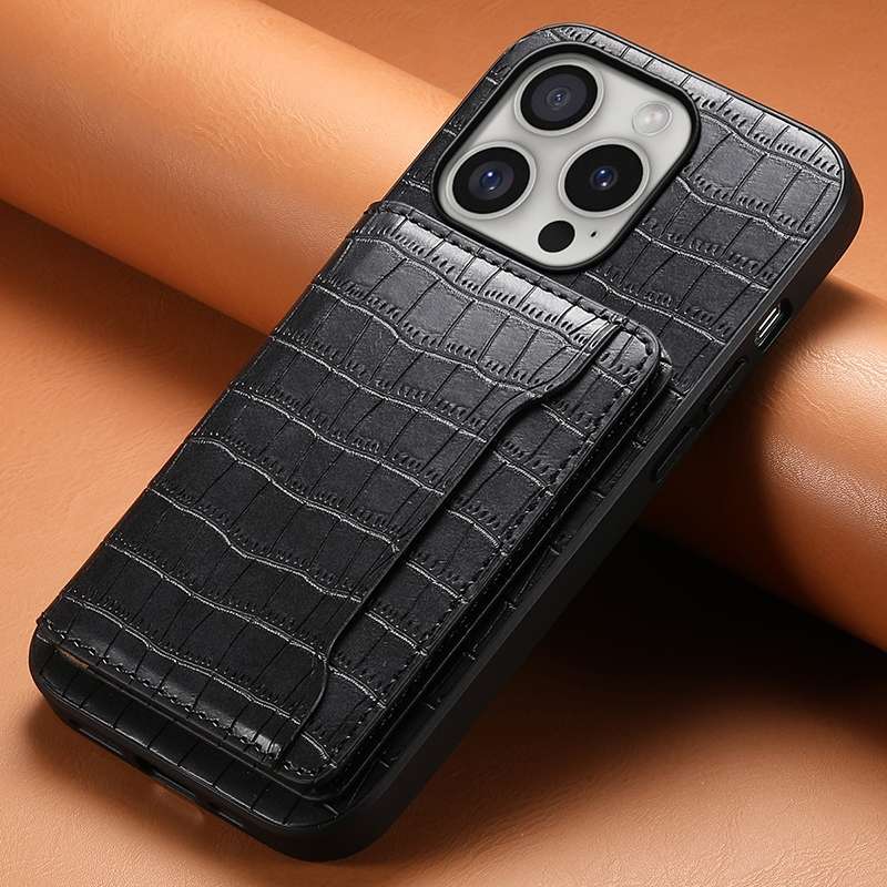 For iPhone 16 Pro Crocodile Texture Card Bag Design Full Coverage Phone Case(Black)