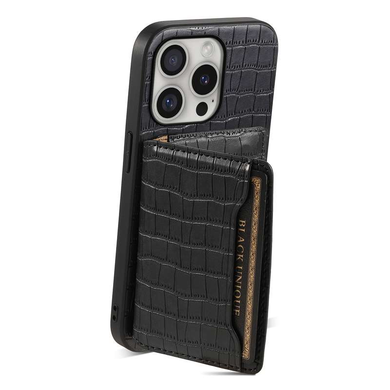 For iPhone 16 Pro Crocodile Texture Card Bag Design Full Coverage Phone Case(Black)