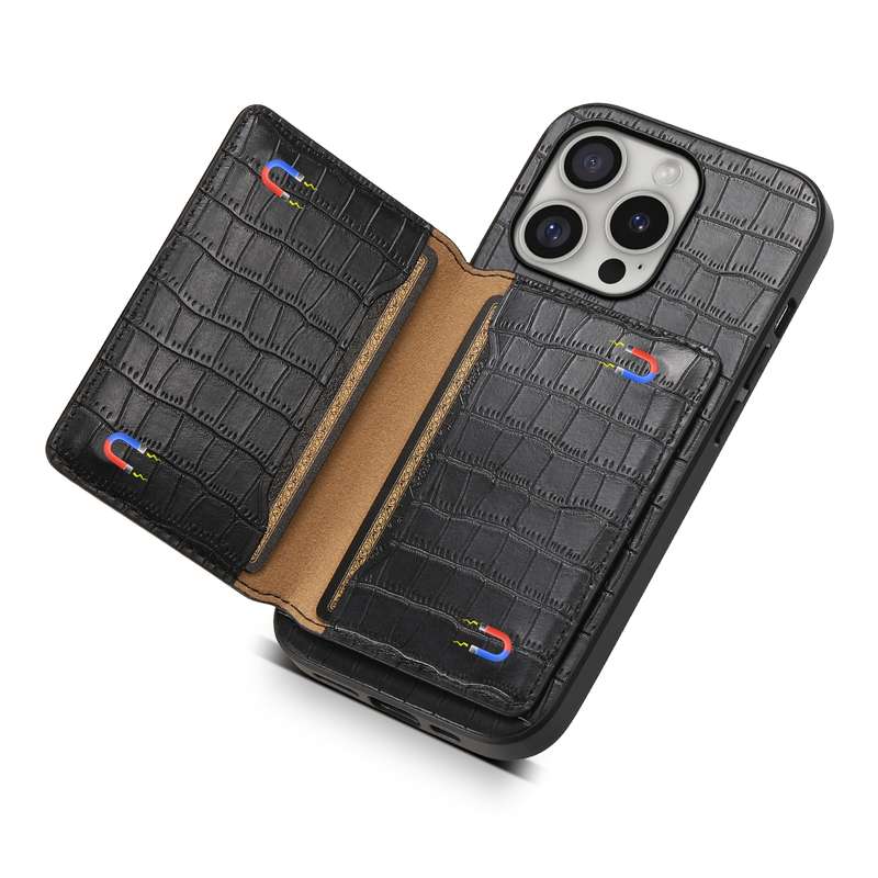 For iPhone 16 Pro Crocodile Texture Card Bag Design Full Coverage Phone Case(Black)