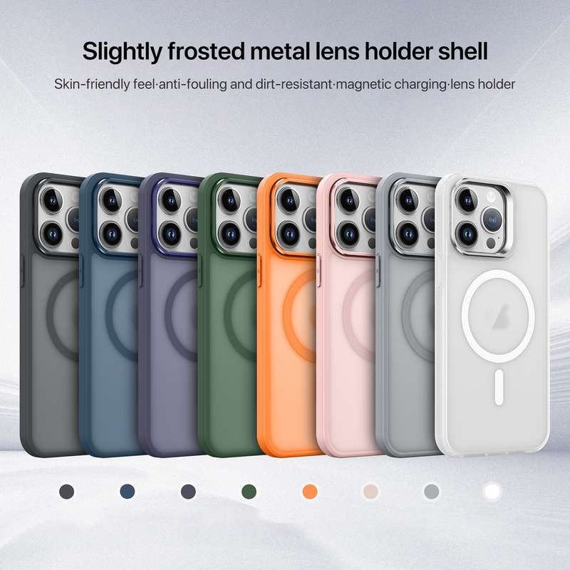 For iPhone 15 Pro Max Magsafe Skin Feel Lens Holder Phone Case(Dark Blue)