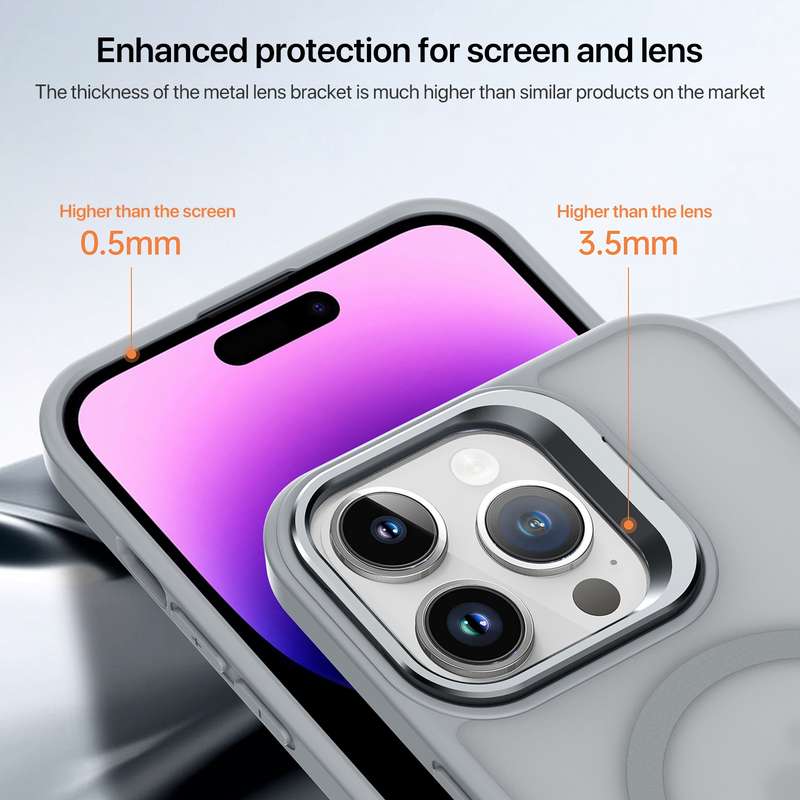 For iPhone 15 Pro Max Magsafe Skin Feel Lens Holder Phone Case(Dark Blue)