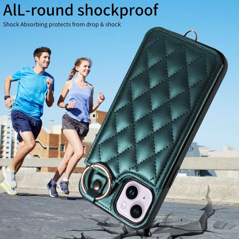 For iPhone 15 Plus / 14 Plus Rhombic Texture Card Bag Phone Case with Short Lanyard(Green)