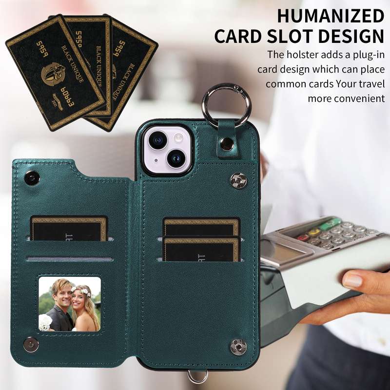 For iPhone 15 Plus / 14 Plus Rhombic Texture Card Bag Phone Case with Short Lanyard(Green)
