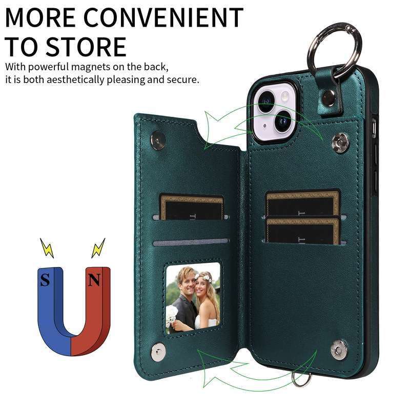 For iPhone 15 Plus / 14 Plus Rhombic Texture Card Bag Phone Case with Short Lanyard(Green)