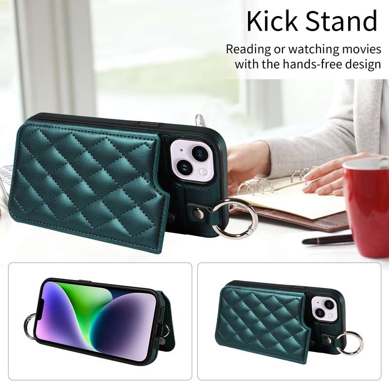 For iPhone 15 Plus / 14 Plus Rhombic Texture Card Bag Phone Case with Short Lanyard(Green)