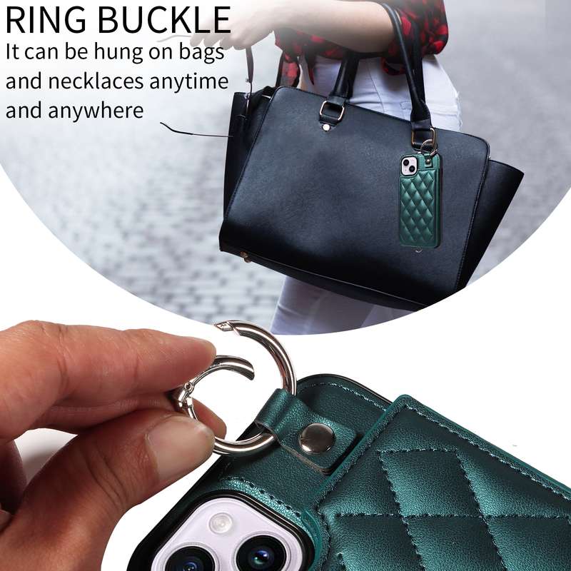 For iPhone 15 Plus / 14 Plus Rhombic Texture Card Bag Phone Case with Short Lanyard(Green)