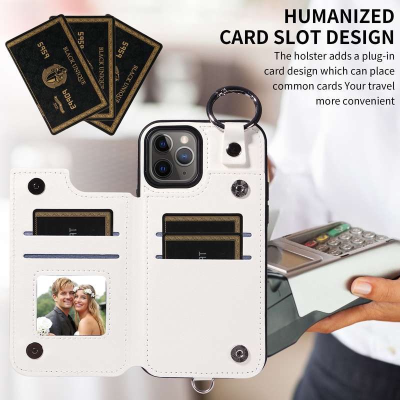 For iPhone 11 Pro Rhombic Texture Card Bag Phone Case with Short Lanyard(White)