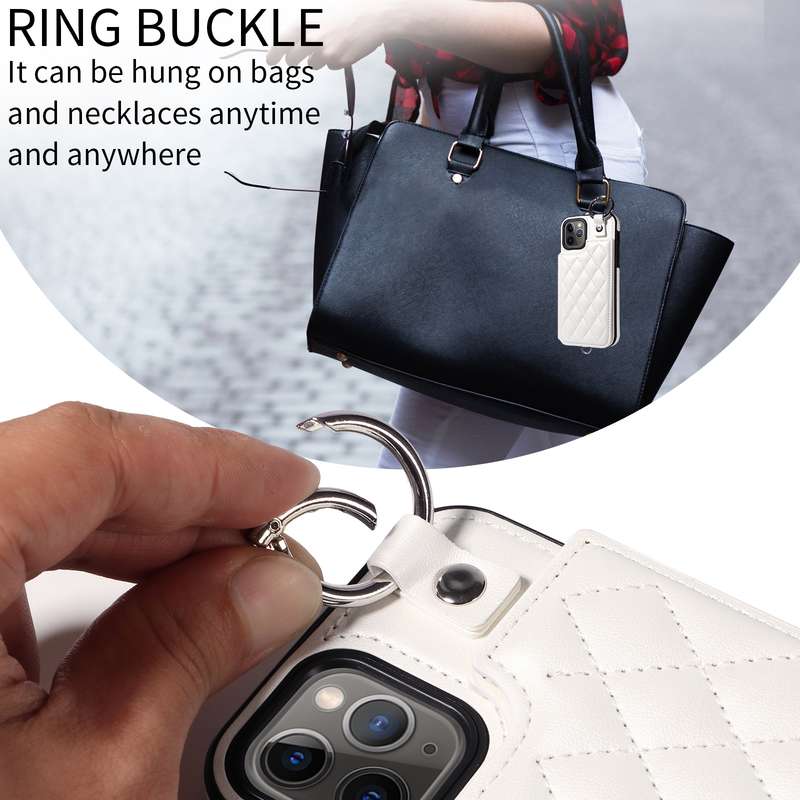 For iPhone 11 Pro Rhombic Texture Card Bag Phone Case with Short Lanyard(White)