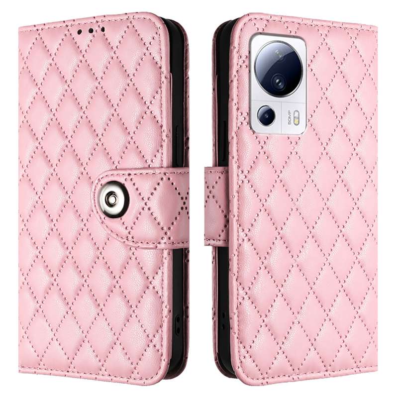 For Xiaomi 13 Lite / Civi 2 Rhombic Texture Flip Leather Phone Case with Lanyard(Pink)