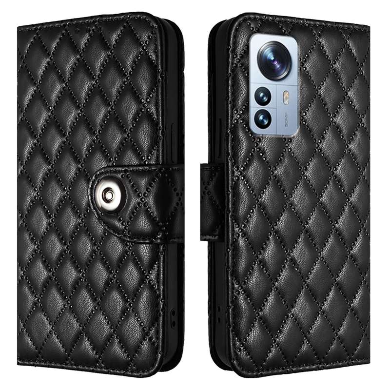 For Xiaomi 12 Pro / 12S Pro Rhombic Texture Flip Leather Phone Case with Lanyard(Black)
