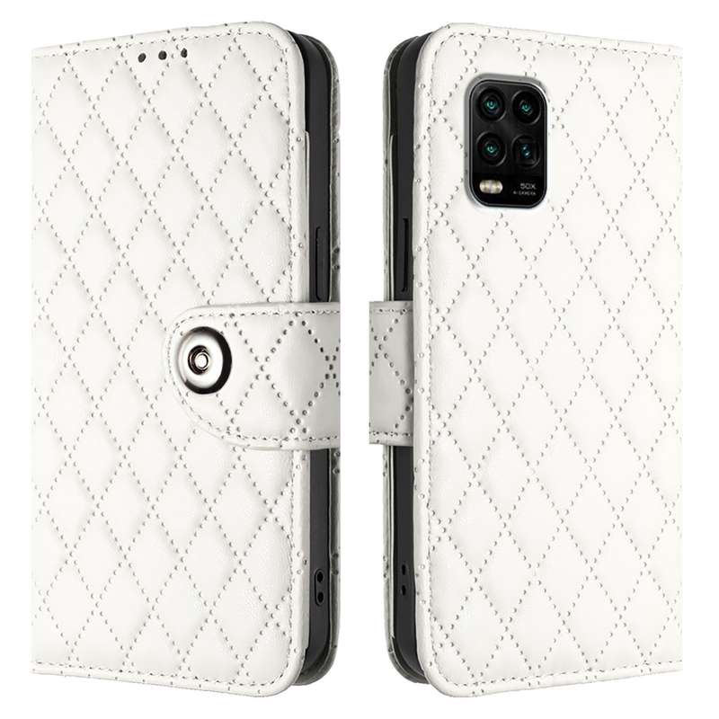 For Xiaomi Mi 10 Lite 5G Rhombic Texture Flip Leather Phone Case with Lanyard(White)