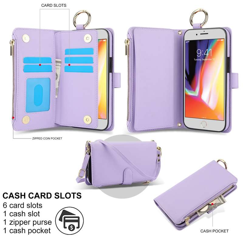 For iPhone 7 / 8 / SE 2022 Crossbody Ring Multifunctional Wallet Leather Phone Case(Purple)