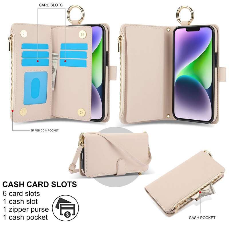 For iPhone 12 mini Crossbody Ring Multifunctional Wallet Leather Phone Case(White)