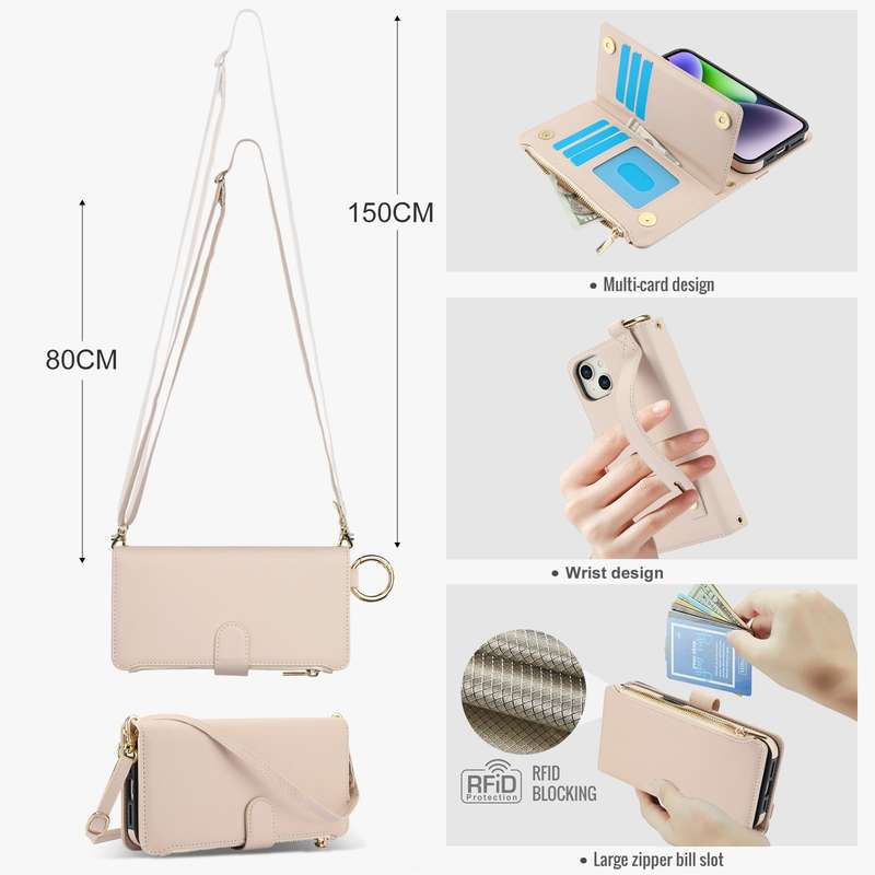 For iPhone 12 mini Crossbody Ring Multifunctional Wallet Leather Phone Case(White)