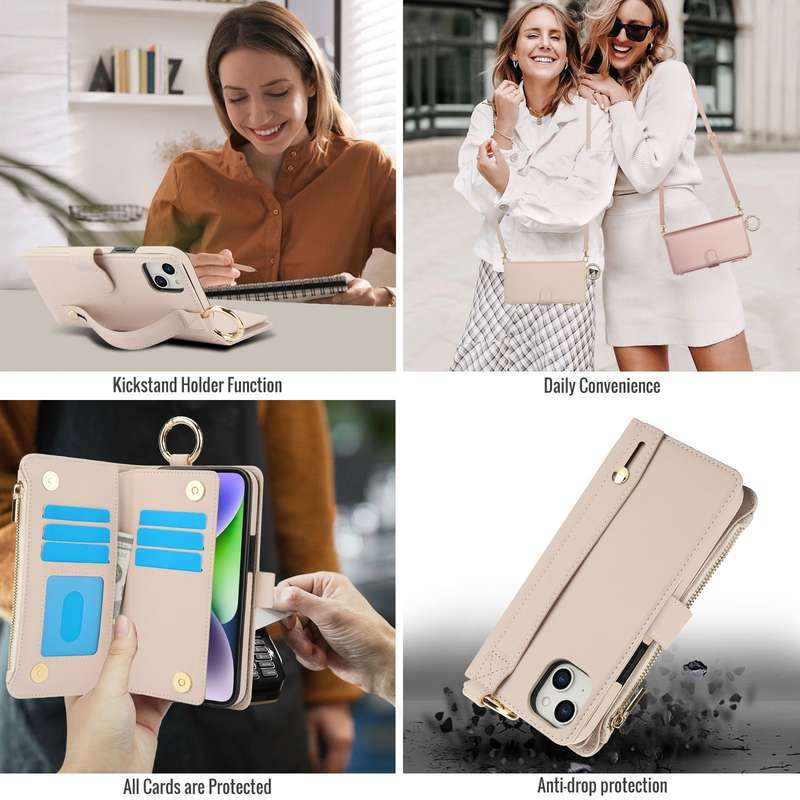For iPhone 12 mini Crossbody Ring Multifunctional Wallet Leather Phone Case(White)