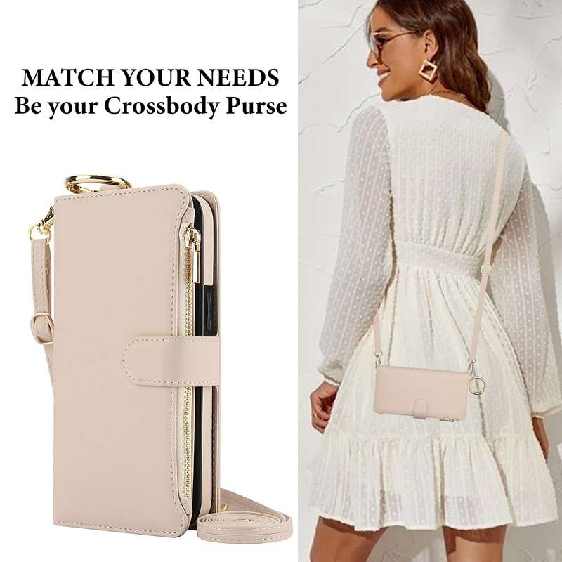For iPhone 12 mini Crossbody Ring Multifunctional Wallet Leather Phone Case(White)