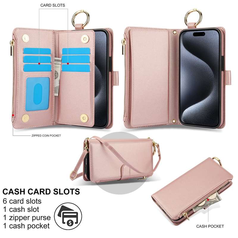 For iPhone 11 Pro Crossbody Ring Multifunctional Wallet Leather Phone Case(Rose Gold)