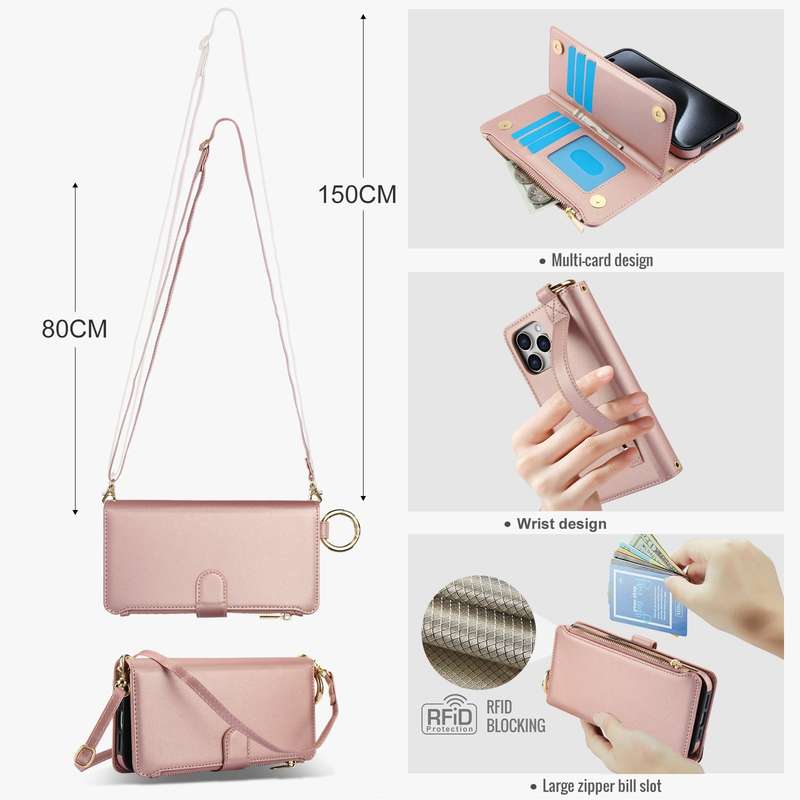 For iPhone 11 Pro Crossbody Ring Multifunctional Wallet Leather Phone Case(Rose Gold)
