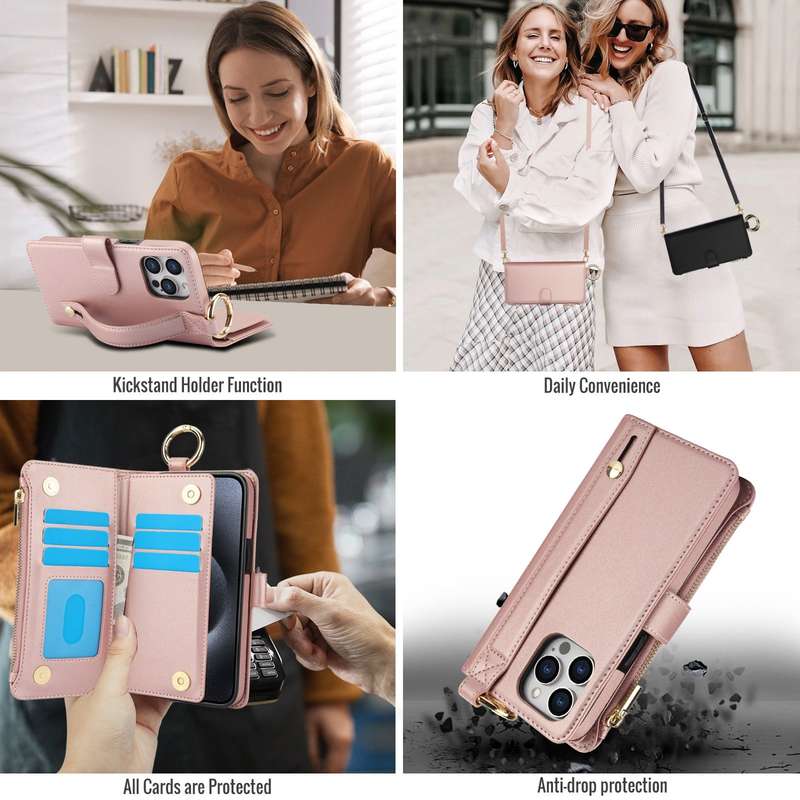 For iPhone 11 Pro Crossbody Ring Multifunctional Wallet Leather Phone Case(Rose Gold)
