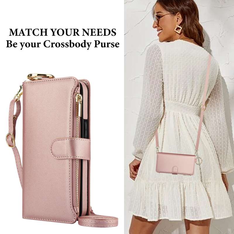 For iPhone 11 Pro Crossbody Ring Multifunctional Wallet Leather Phone Case(Rose Gold)