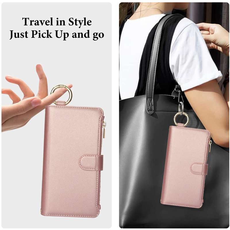 For iPhone 11 Pro Crossbody Ring Multifunctional Wallet Leather Phone Case(Rose Gold)