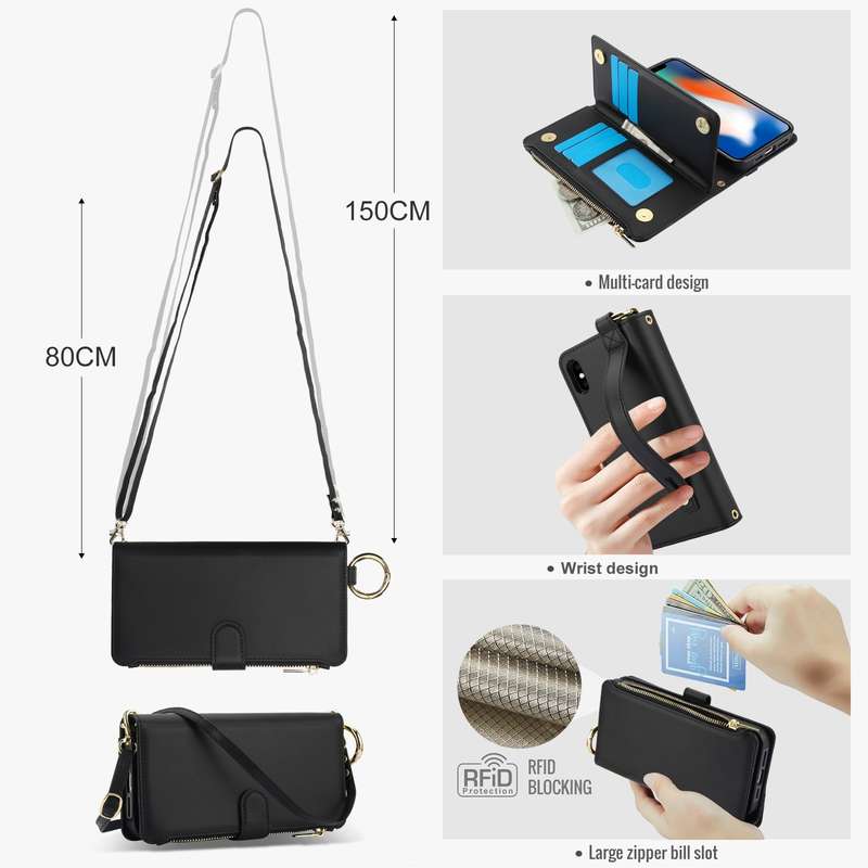 For iPhone X / XS Crossbody Ring Multifunctional Wallet Leather Phone Case(Black)