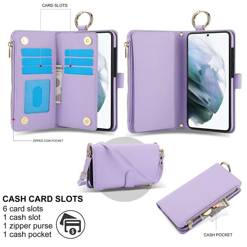 For Samsung Galaxy S21 5G Crossbody Ring Multifunctional Wallet Leather Phone Case(Purple)