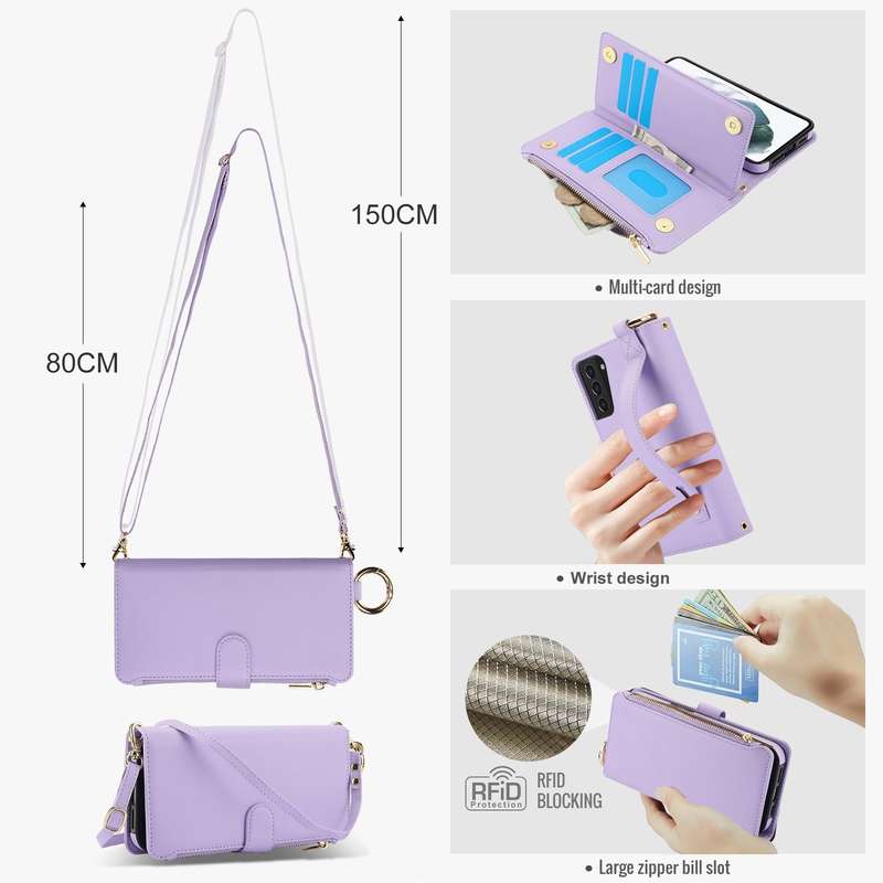 For Samsung Galaxy S21 5G Crossbody Ring Multifunctional Wallet Leather Phone Case(Purple)